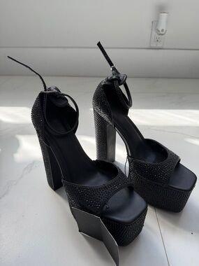 Forever 21 Black Studded Platform Block-Heels with Ankle Strap
